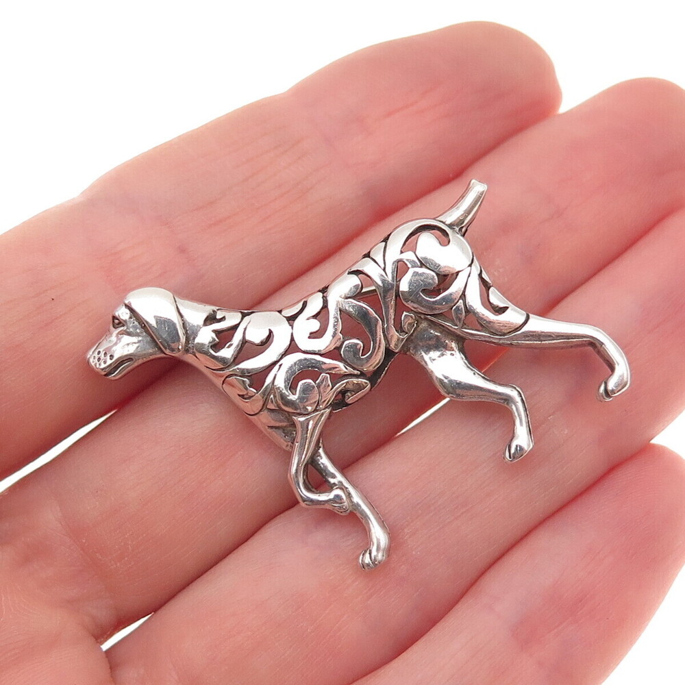 Jezlaine Sterling Silver Vintage Retriever Dog Floral Scroll Oxidized Pin Brooch